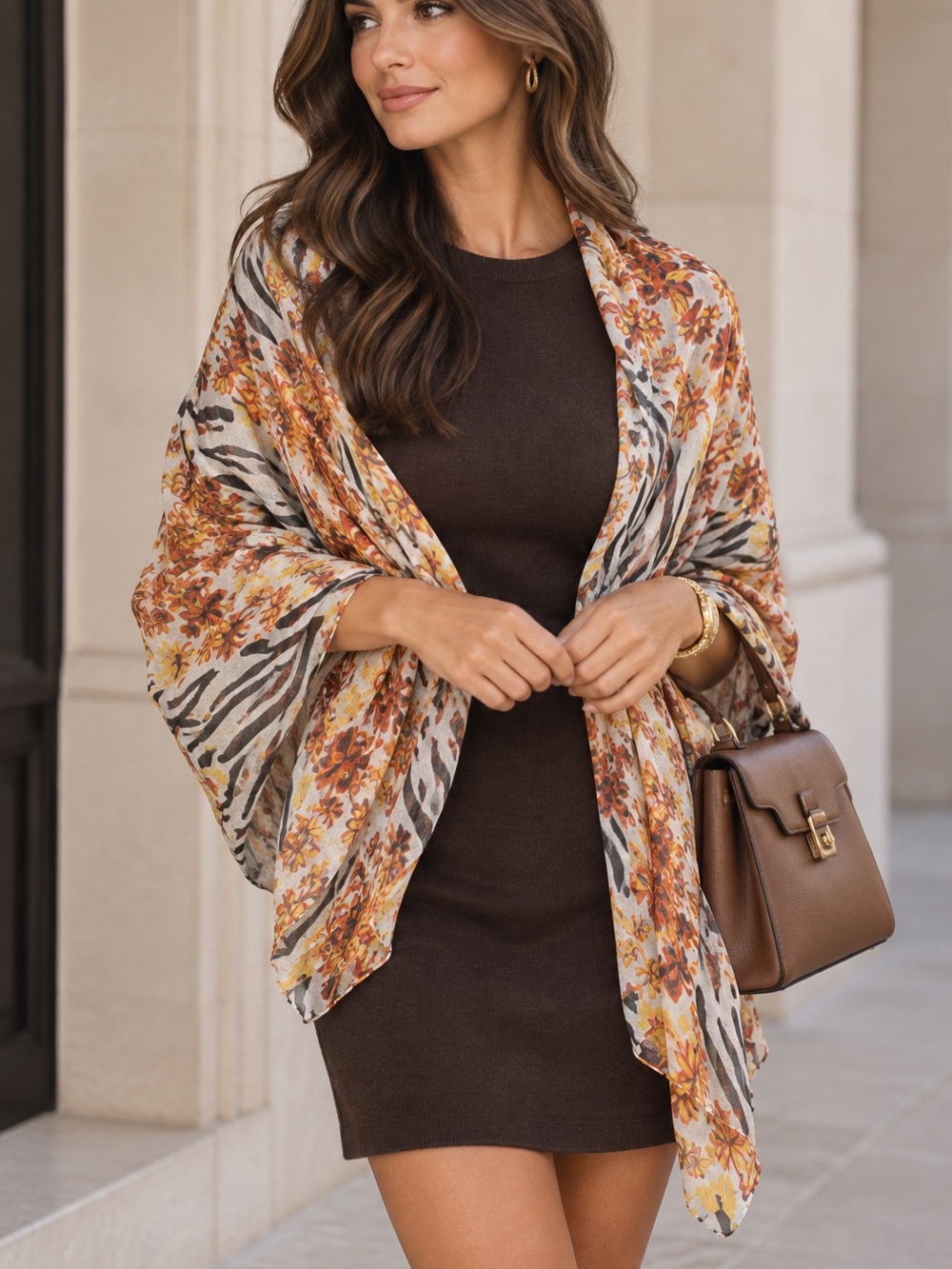 100% Silk Floral Zebra Print Oversized Scarf Wrap Shawl 58x30 Boho Animal Print